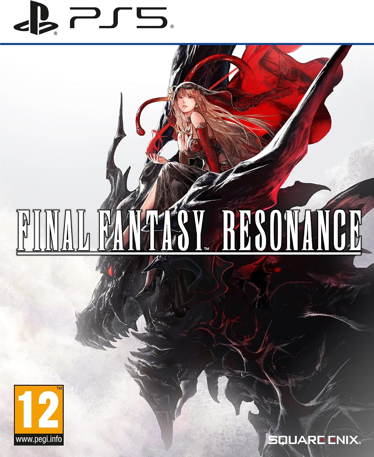 Jaquette PS5 officielle de Final Fantasy Resonance, une héroïne drapée de rouge assise sur un dragon noir