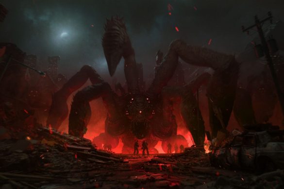 Visuel officiel de Gears of War: E-Day, une ville en ruines face a une creature Locuste geante