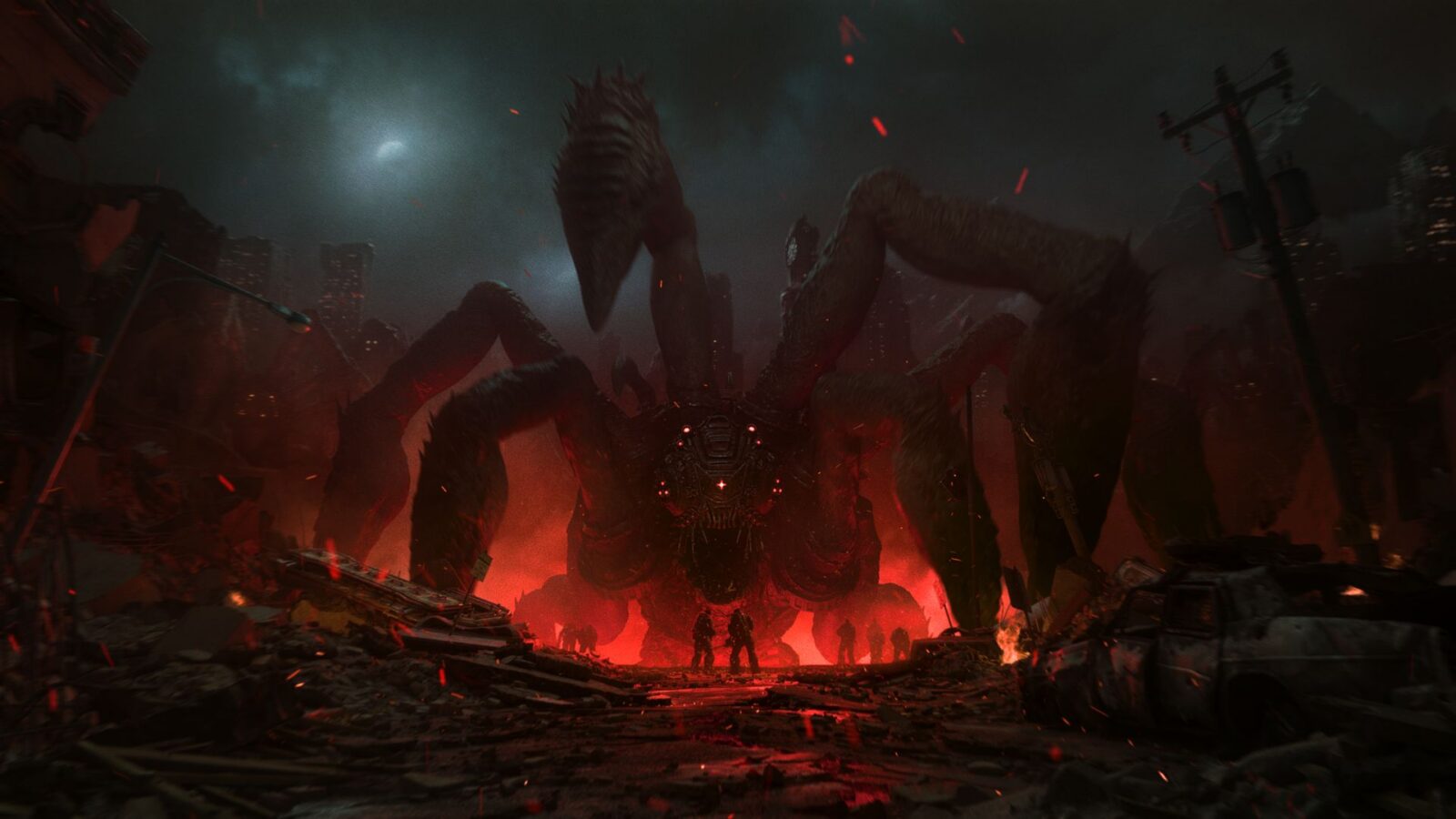 Visuel officiel de Gears of War: E-Day, une ville en ruines face a une creature Locuste geante