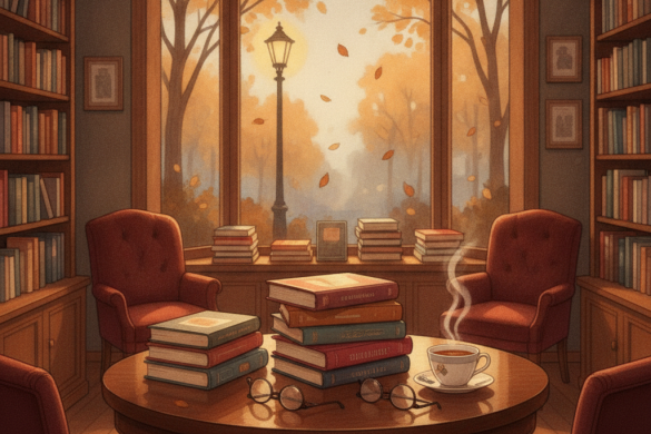 Librairie feutrée avec des piles de romans récents posés sur une table, lumière douce d'automne