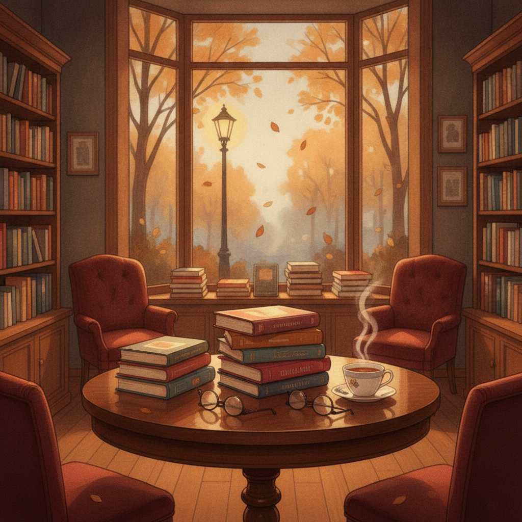 Librairie feutrée avec des piles de romans récents posés sur une table, lumière douce d'automne