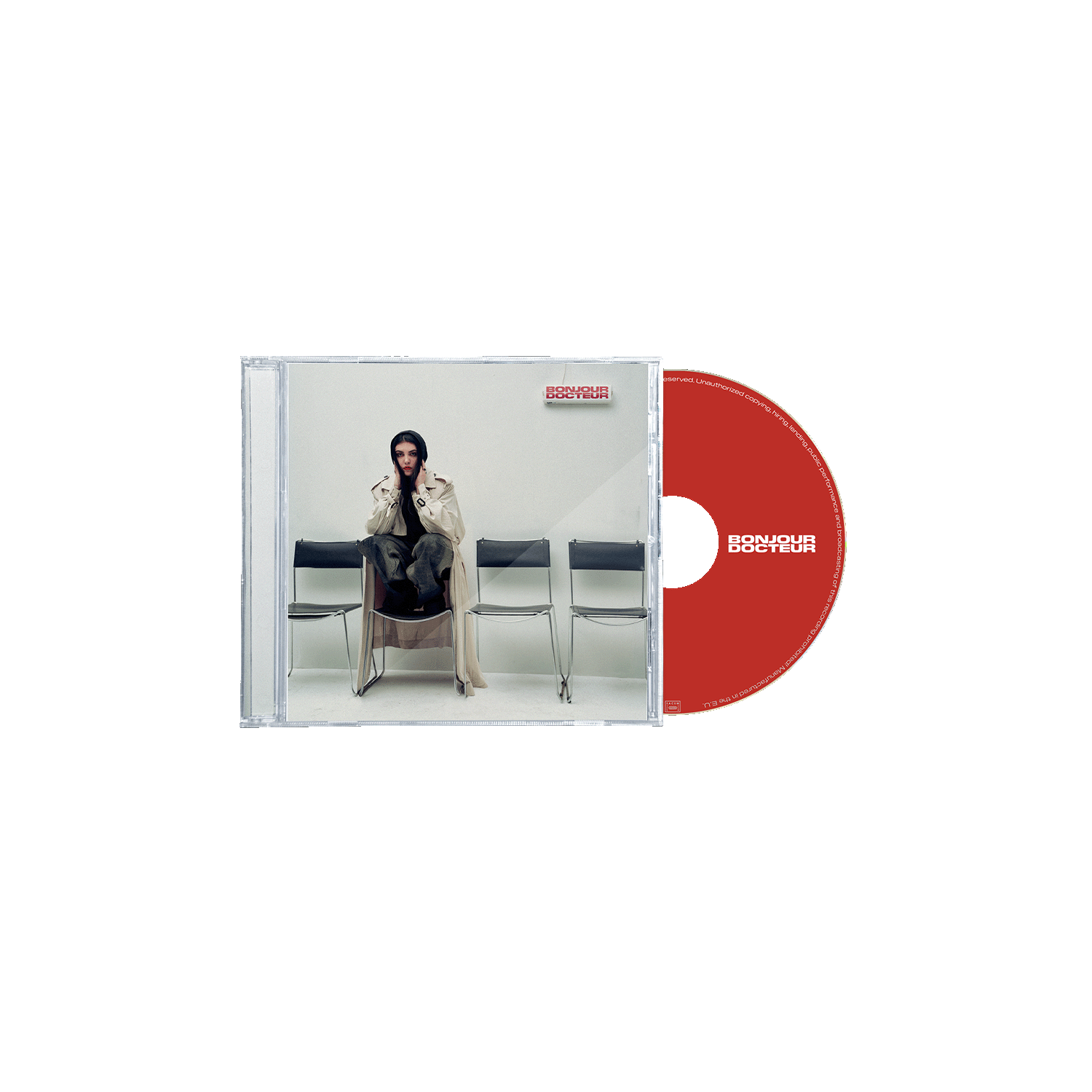 Pochette de l'album Bonjour Docteur de Hoshi : l'artiste assise sur une chaise dans une salle d'attente