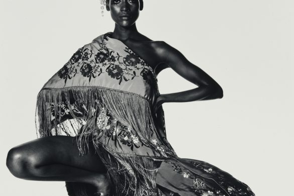 Photographie noir et blanc d'Irving Penn: un mannequin en robe brodée à franges, assis sur fond clair, exposé à la MEP
