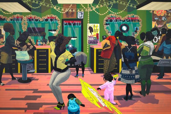 Toile de Kerry James Marshall montrant un salon de coiffure plein de personnages, exposée au Musée d'Art Moderne de Paris