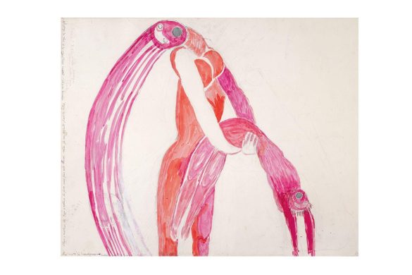 Œuvre de Louise Bourgeois, deux figures rouges et roses à la gouache, exposition Extrême tension à la BnF Richelieu