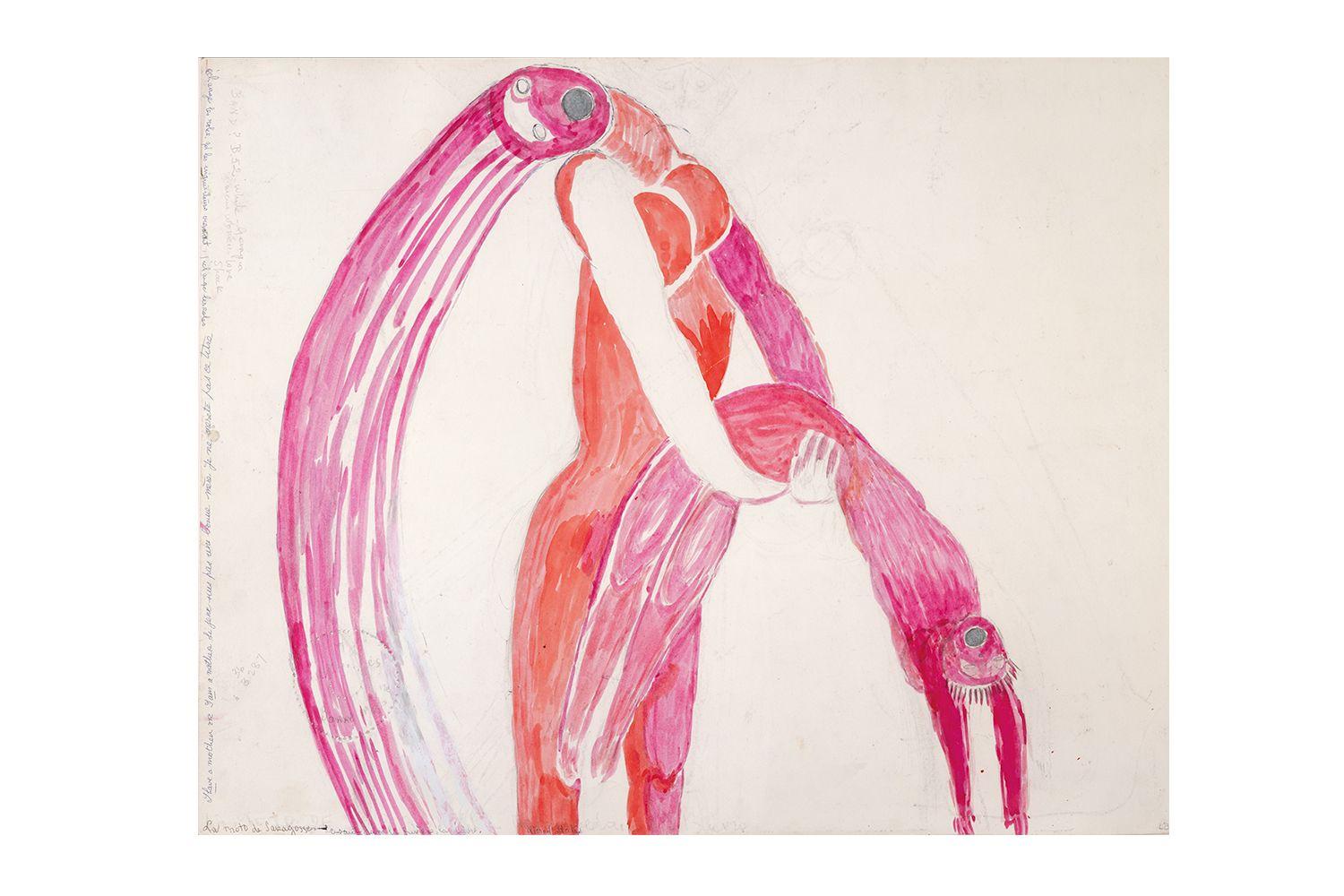 Œuvre de Louise Bourgeois, deux figures rouges et roses à la gouache, exposition Extrême tension à la BnF Richelieu