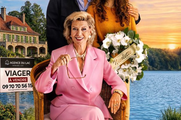 Affiche du film La Maison de nos rêves : Kev Adams et Camille Aguilar derrière Chantal Ladesou assise dans un fauteuil, maison au bord d'un lac et panneau viager