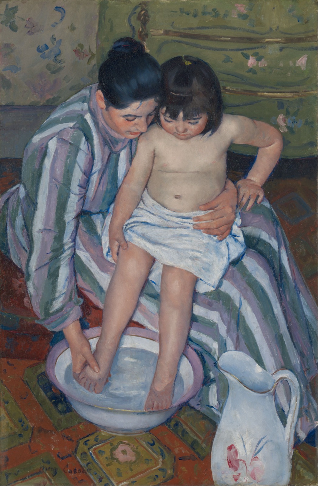 Le Bain de l'enfant (1893), huile de Mary Cassatt : une femme lave les pieds d'une fillette assise sur ses genoux