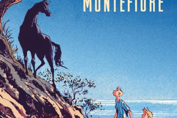 Couverture de Montefiore de Pierre-Henry Gomont : deux garçons gravissent une falaise face à un cheval cabré, mer en arrière-plan