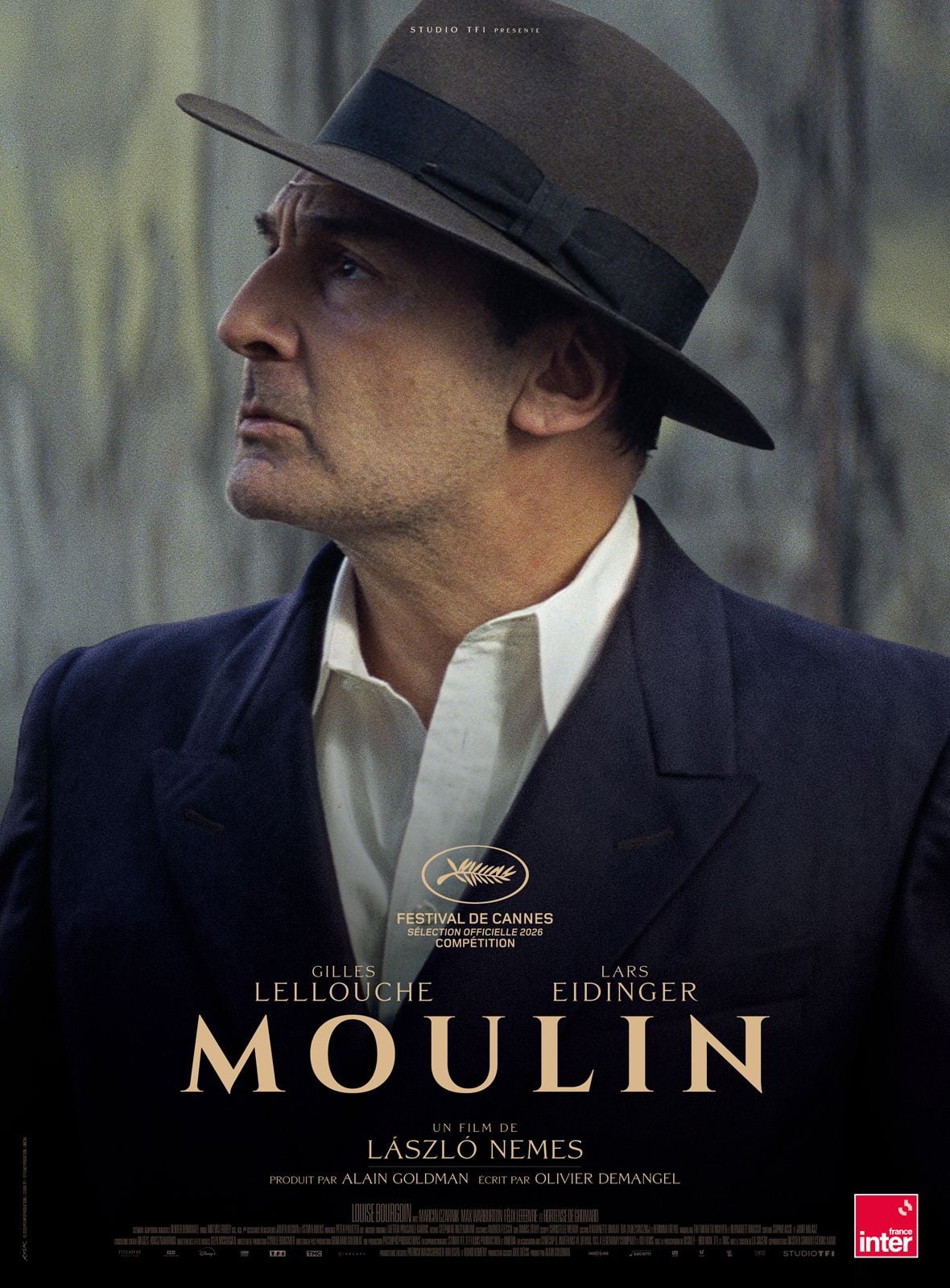 Affiche du film Moulin de László Nemes, Gilles Lellouche en Jean Moulin coiffé d'un chapeau, sélection officielle Cannes 2026
