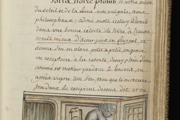 Page d'un manuscrit alchimique ancien avec une aquarelle montrant un homme travaillant devant un fourneau, visuel de l'exposition Nicolas Flamel au musée de Cluny