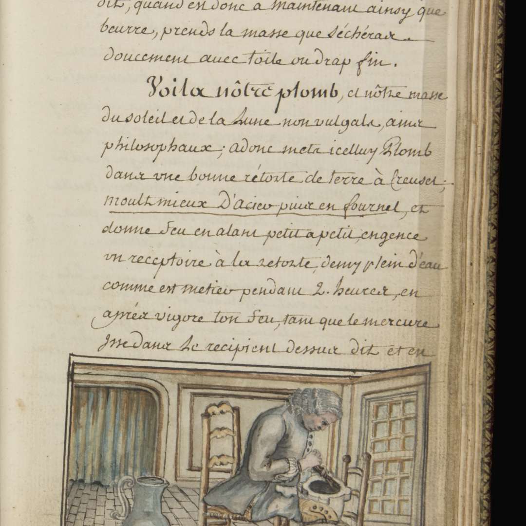 Page d'un manuscrit alchimique ancien avec une aquarelle montrant un homme travaillant devant un fourneau, visuel de l'exposition Nicolas Flamel au musée de Cluny