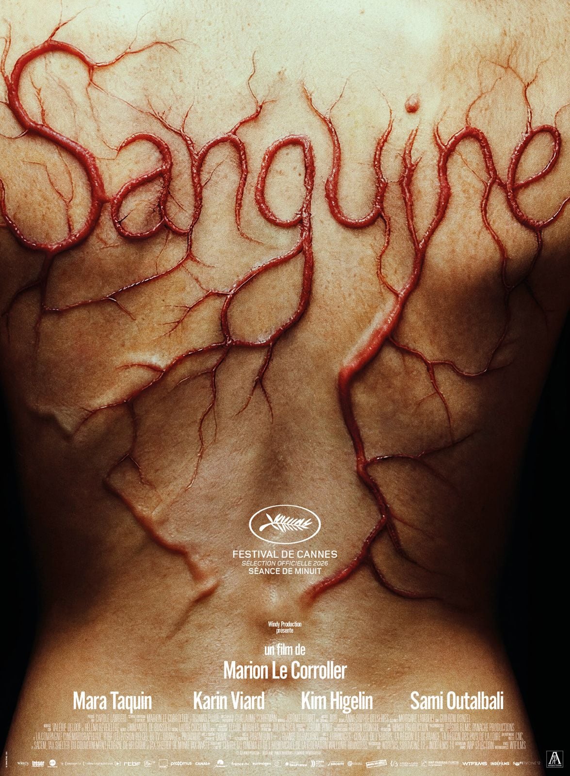 Affiche officielle du film Sanguine de Marion Le Corroller : un dos sur lequel le titre se dessine en veines saillantes