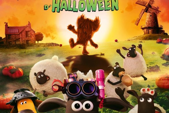 Affiche officielle de Shaun le mouton : La Bêêête d'Halloween, les moutons d'Aardman face à une créature poilue dans un champ de citrouilles