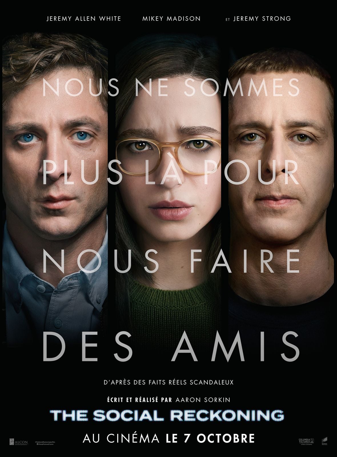Affiche officielle du film The Social Reckoning d'Aaron Sorkin, avec Jeremy Allen White, Mikey Madison et Jeremy Strong, au cinéma le 7 octobre