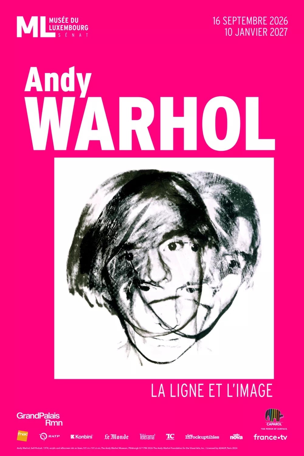 Affiche de l'exposition Andy Warhol. La ligne et l'image au Musée du Luxembourg, avec l'autoportrait de 1978