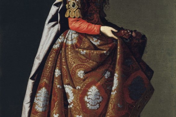 Sainte Casilda de Francisco de Zurbaran, vers 1635, jeune femme en robe de brocart tenant des roses dans son tablier