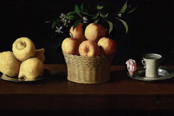 Nature morte aux citrons, oranges et une rose de Francisco de Zurbarán : panier de fruits, assiette de citrons et tasse sur fond sombre