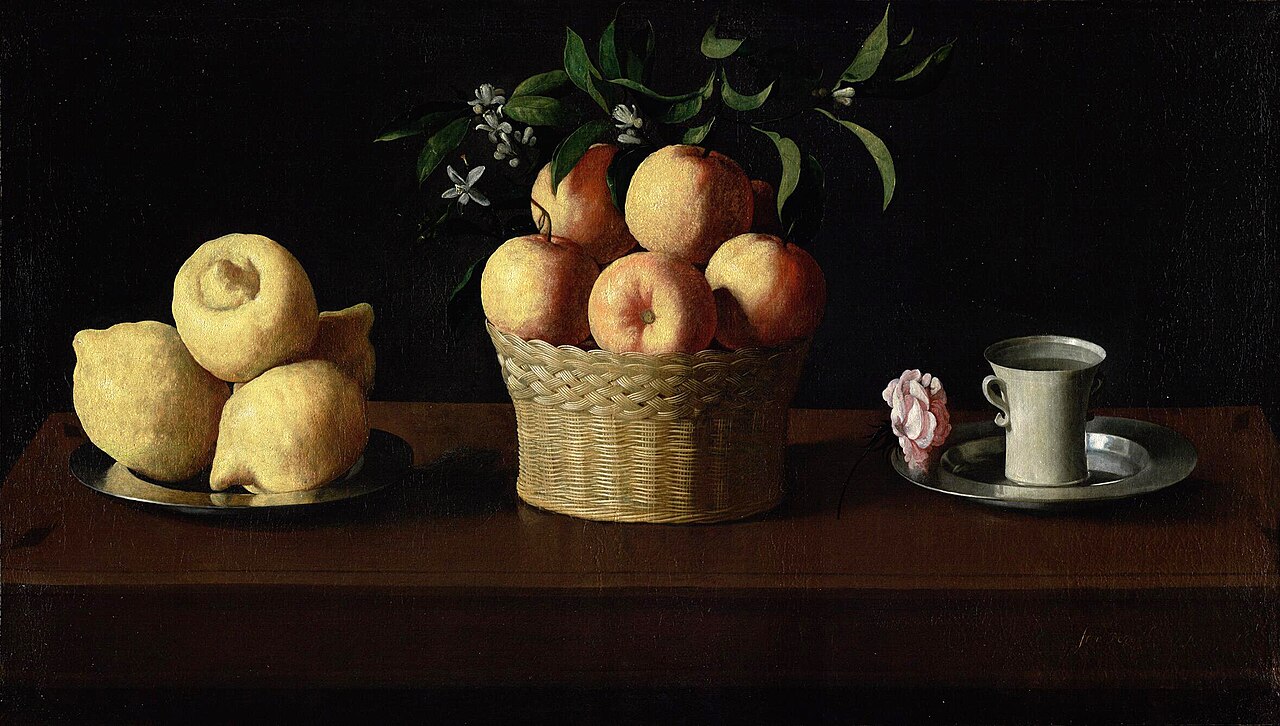 Nature morte aux citrons, oranges et une rose de Francisco de Zurbarán : panier de fruits, assiette de citrons et tasse sur fond sombre